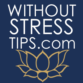The image displays the words “Without Stress Tips” in white against a blue background along a gold lotus blossom.