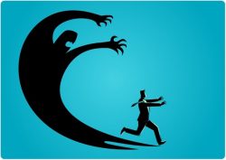 Image of a cartoon man running from an over-sized and ominous shadow figure chasing him.