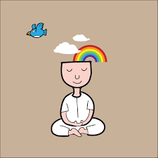 Cartoon image of a woman meditating and a rainbow coming out of her head